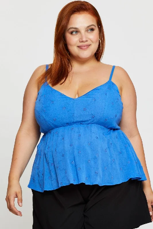 Blue Peplum Top Sleeveless Embroide