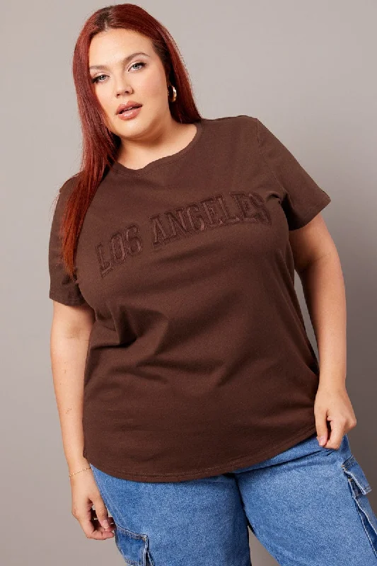 Brown Graphic T-shirt Short Sleeve Crew Neck