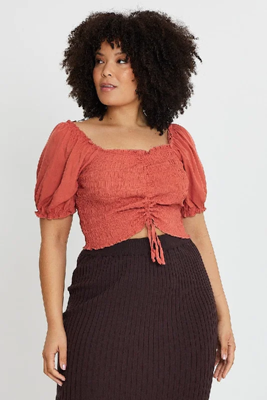 Brown Plus Short Sleeve Shirred Semi Crop Top