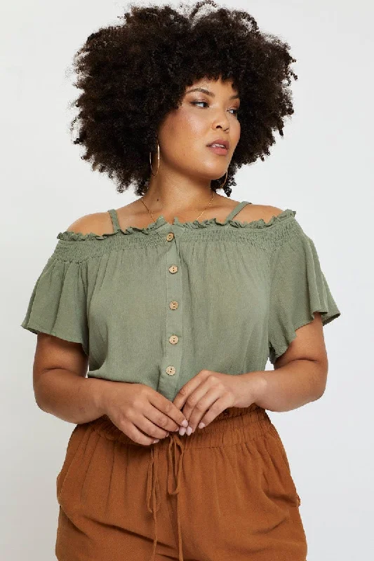 Green Off Shoulder Top Peach Short Sleeve Button Front