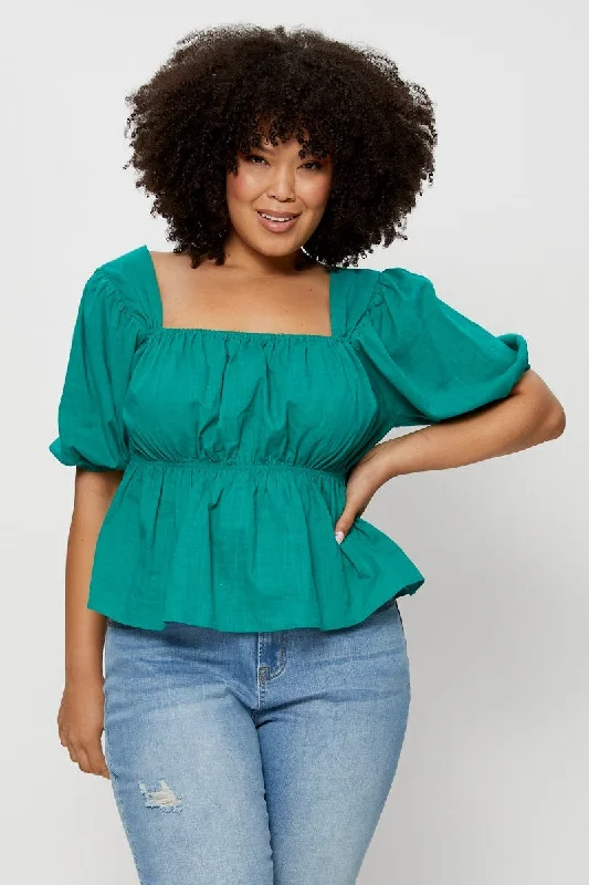 Green Peplum Top Square Neck Short Sleeve