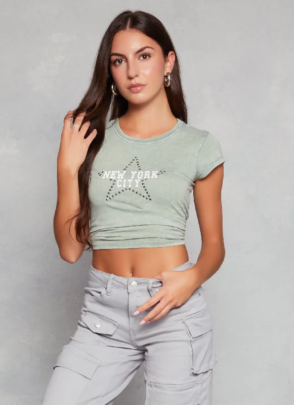 Acid Wash Studded Graphic Cropped Tee