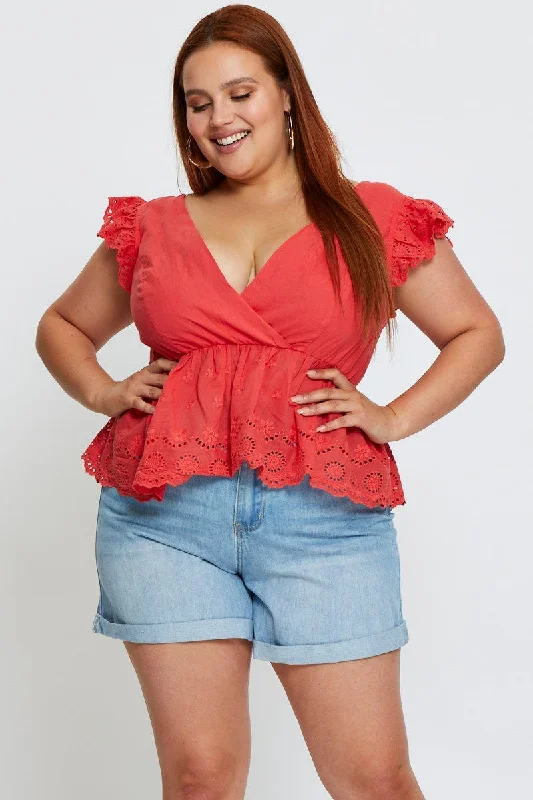 Orange Peplum Top Coral Short Sleeve Broderie