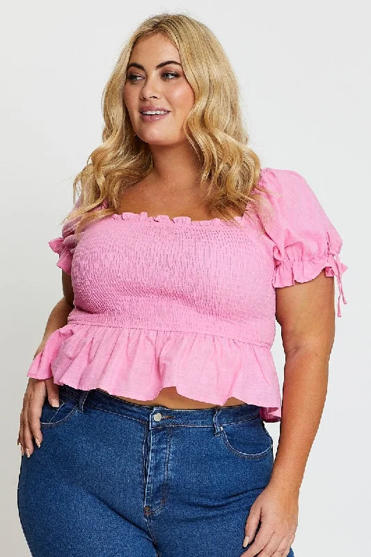 Pink Crop Top Short Sleeve Tie Front