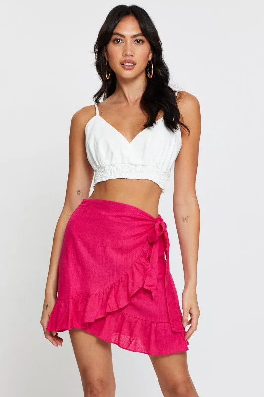 Pink Linen Blend Frilled Wrap Mini Skirt