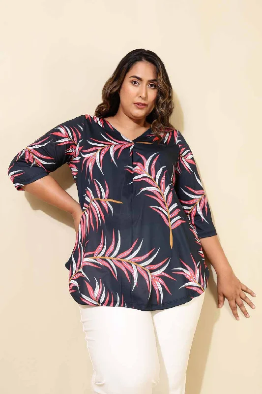 Plus Size Red Blue Tropical Print Centre Pleat Top