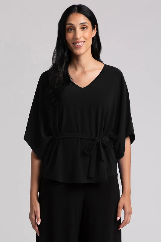 Slouchy V-Neck Top with Tie | Black