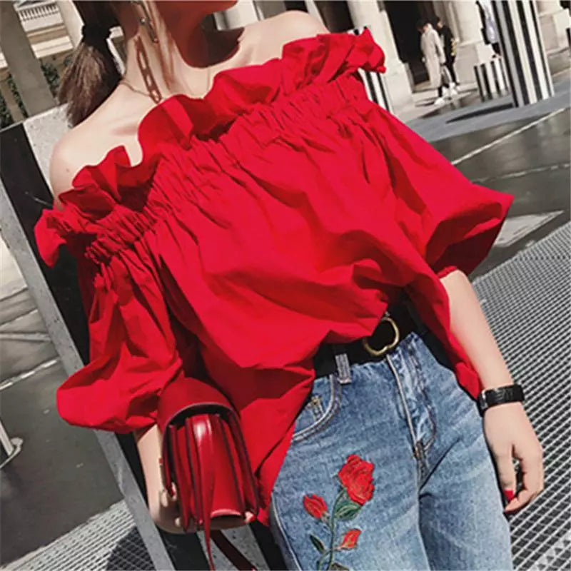 Women's Ruffled Fashion Designer Puffed Sleeves Tops T-Shirts