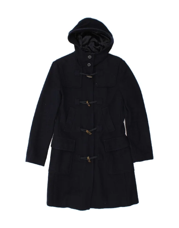 BENETTON Womens Hooded Duffle Coat IT 42 Medium Navy Blue Wool