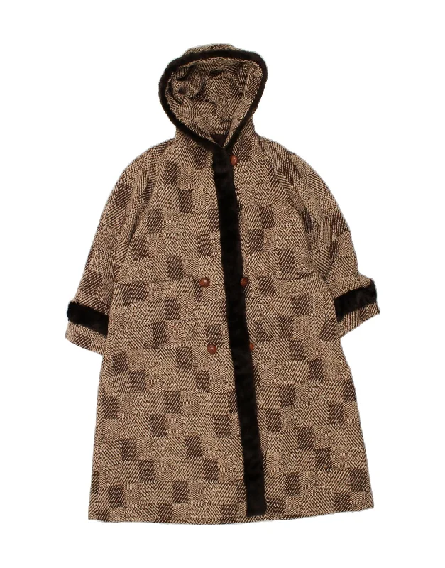 VINTAGE Womens Hooded Overcoat UK 22 3XL Brown Check