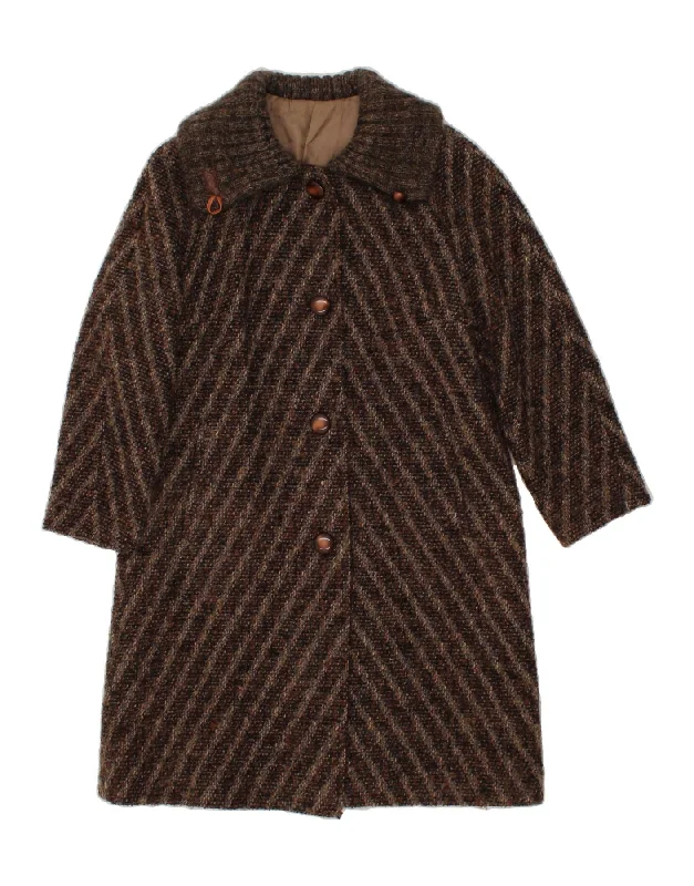 VINTAGE Womens Overcoat UK 14 Large Brown Striped Wool