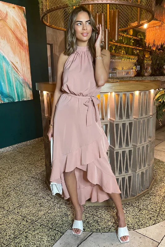 Blush Halterneck Dipped Hem Midi Dress