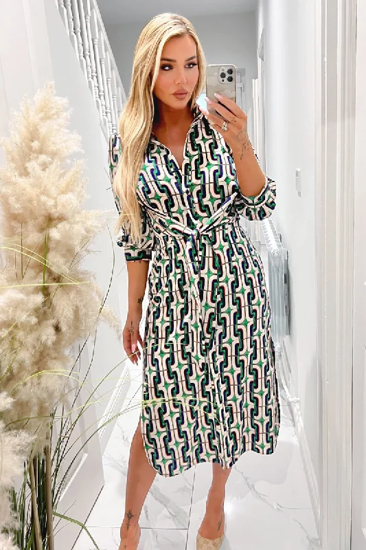 Green And Blue Geometric Multi Printed  3/4 Cuffed Sleeve Wrap Tie Midi Dress