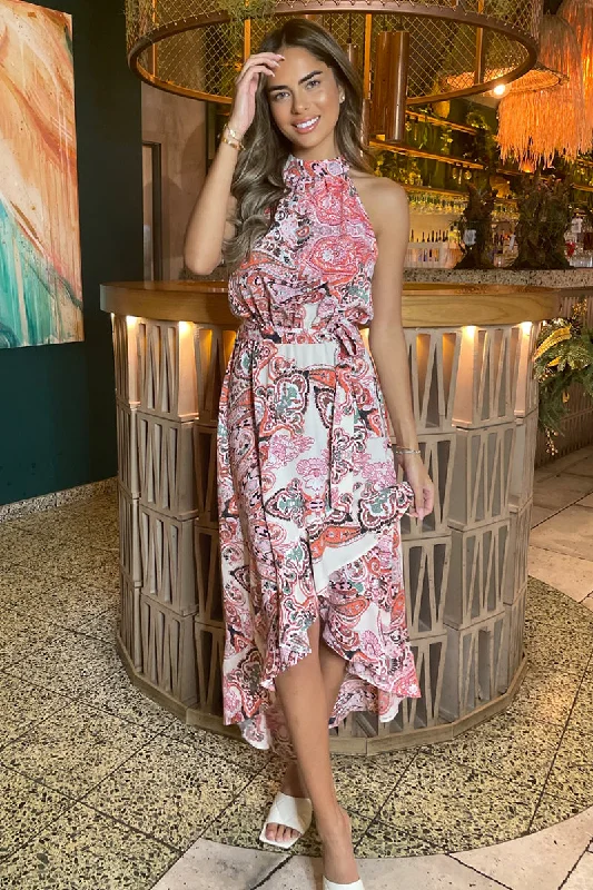 Multi Print Paisley Halter Neck Tie Waist Midi Dress