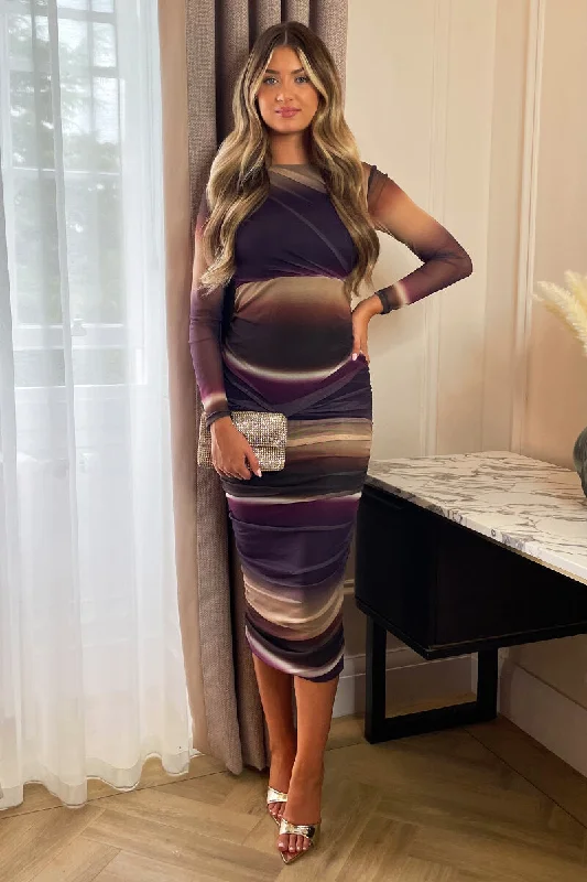 Plum Abstract Print Mesh Long Sleeve Bodycon Midi Dress