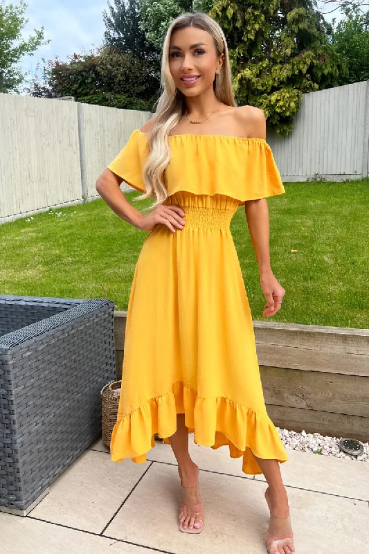 Yellow Bardot Style Midi Dress