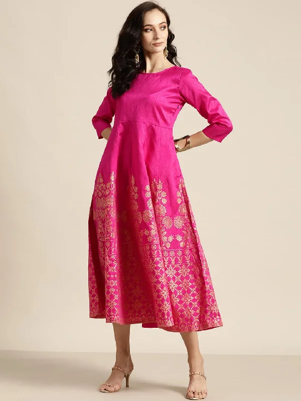 Fuchsia Foil Print Anarkali Maxi Dress