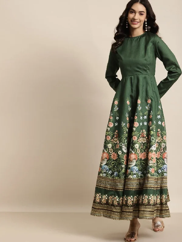 Green Floral Full Sleeves Anarkali Maxi Dress