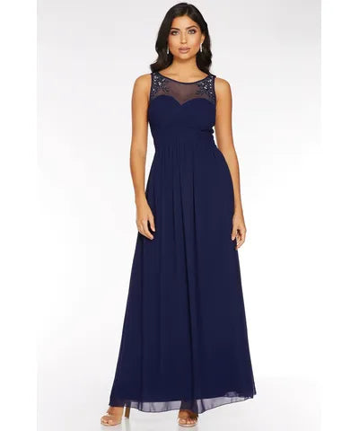 Mesh Embellished Sweetheart Neckline Maxi Dress