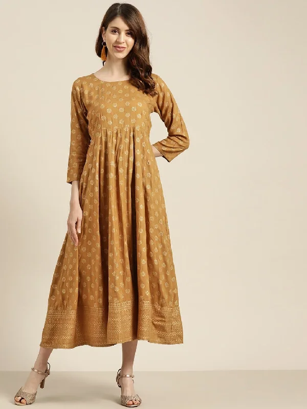 Mustard Foil Print Anarkali Maxi Dress