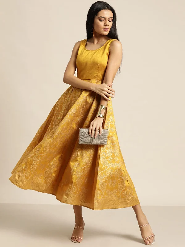 Mustard Foil Print Sleeveless Anarkali Maxi Dress