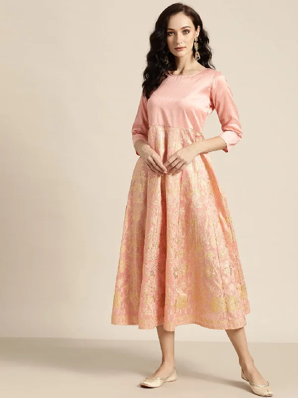 Peach Gold Foil Print Anarkali Maxi Dress