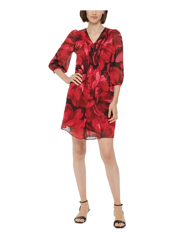 Petites Womens Floral Mini Shift Dress