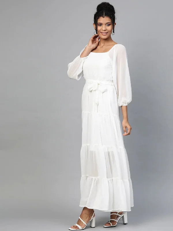 White Square Neck Tiered Maxi Dress