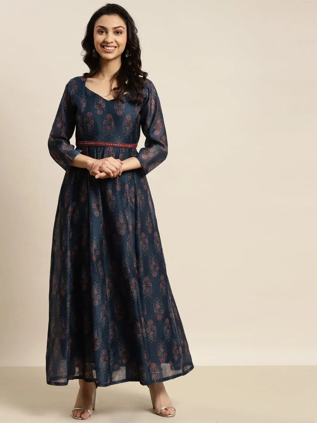 Women Navy Chanderi Floral Anarkali Maxi Dress