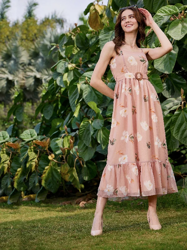 Women Nude Floral Belted Strappy Maxi Dress