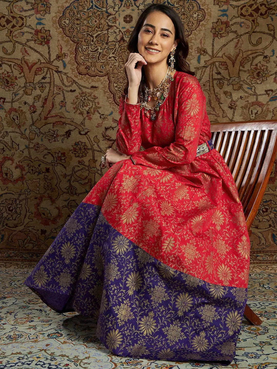 Women Red & Purple Brocade Floral Anarkali Maxi Dress