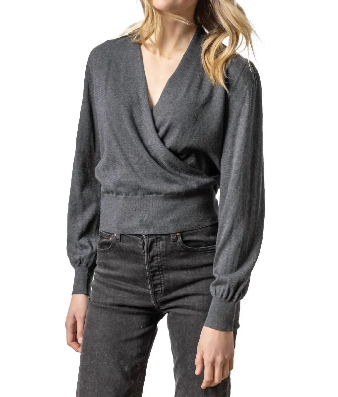 Long Sleeve Surplice Sweater In Onyx