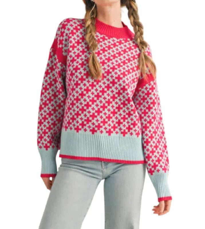 Mock Neck Geo Pattern Pullover Sweater In Red