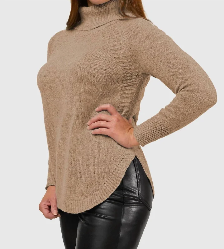 Mossy Shirttail Cowl Neck Sweater In Taupe