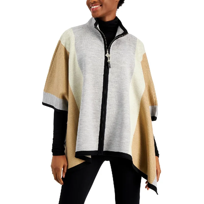 Petites Womens Cotton Blend Colorblock Poncho Sweater