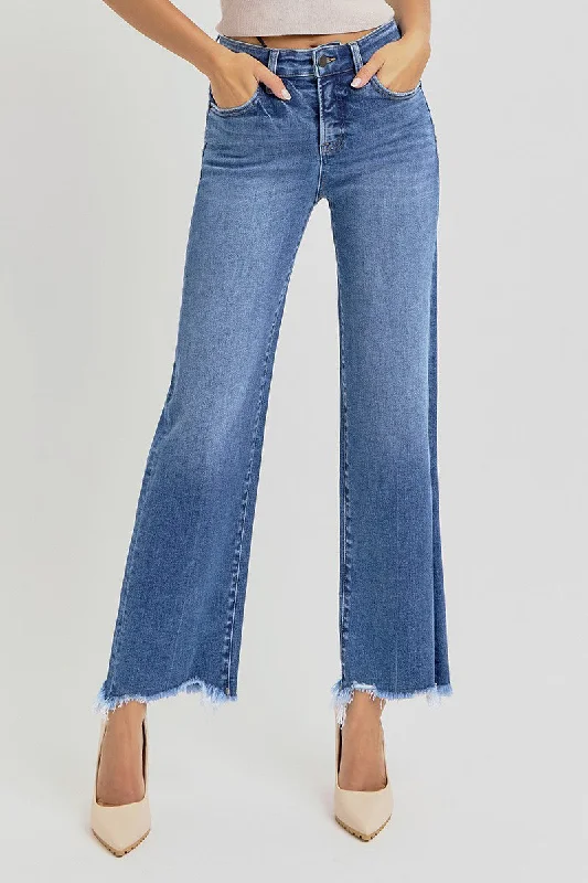 Risen Tummy Control Frayed Uneven Hem Straight Jeans