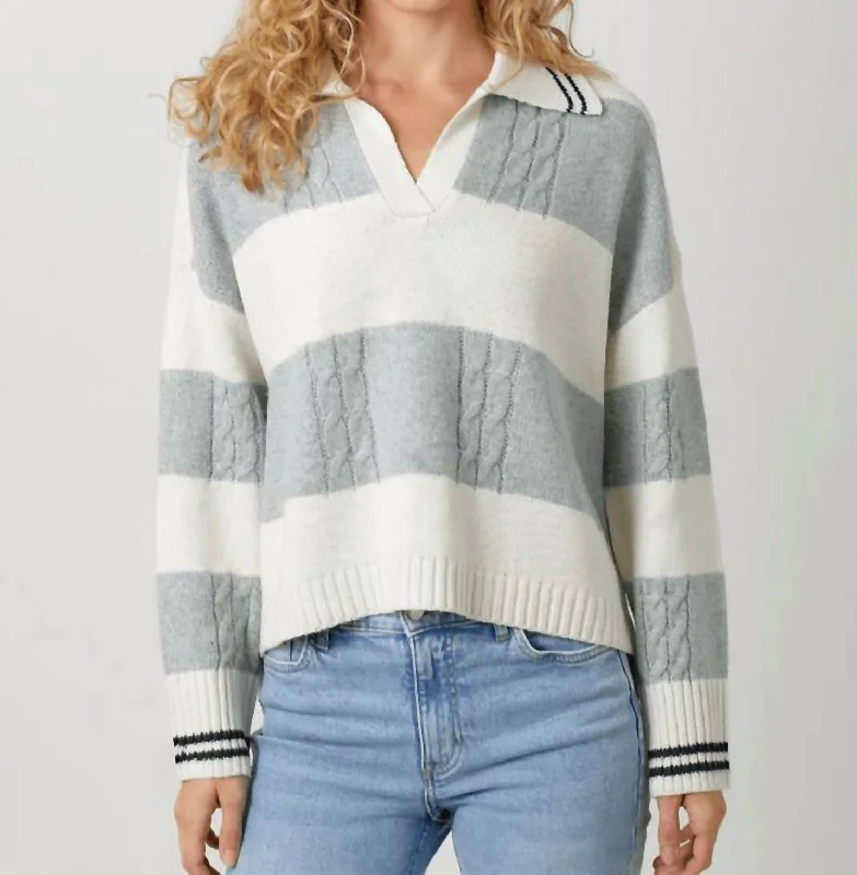 V Neck Stripe Sweater In Ivory/grey