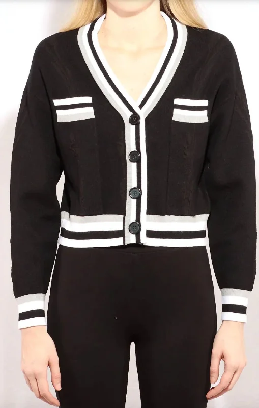 Varsity Cropped Cardigan In Black Combo