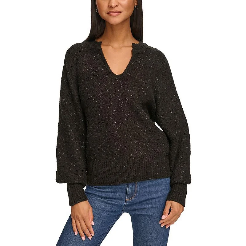 Womens Metallic Split-Neck Pullover Sweater